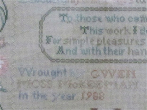 Detail on Gwen Moss McKeeman cross stitch